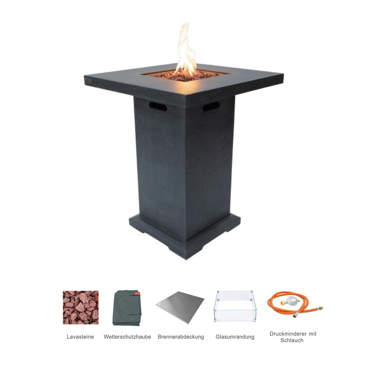 FEUERTISCH MONTREALl Bartische aus GF-Beton - 2-tlg. Set inkl. Glasumrandung - Dunkelgrau, Naturmaterialien (87/106/87cm) - Elementi