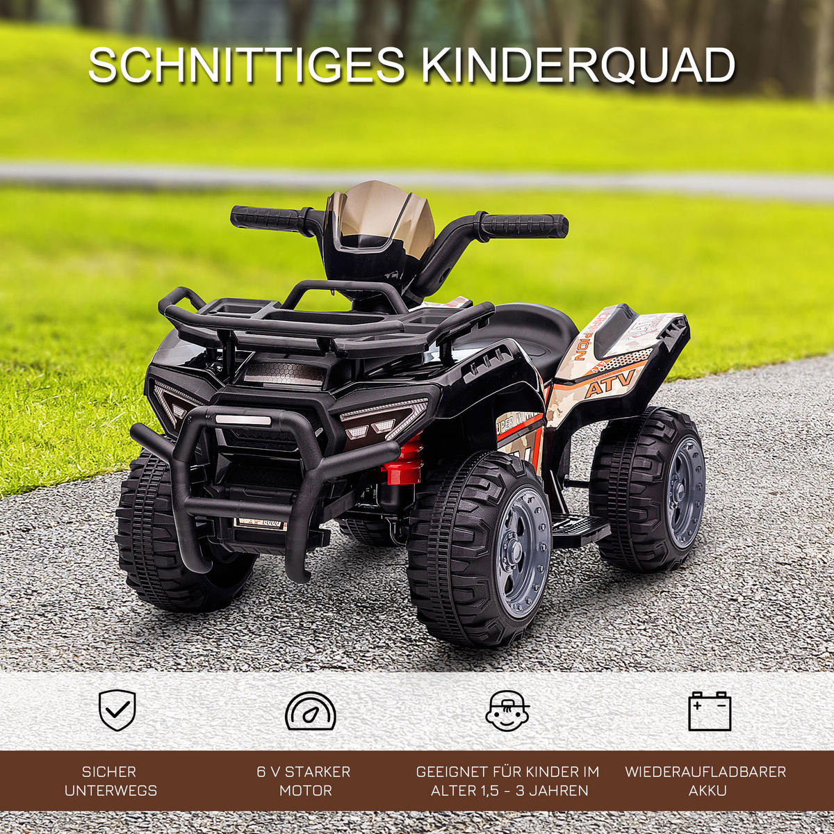 MINI ELEKTRO-QUAD KINDER, Schwarz/Grün/Rosa/Rot, Metall+ PP-Kunststoff - Schwarz, Metall (70/42/45cm) - HOMCOM
