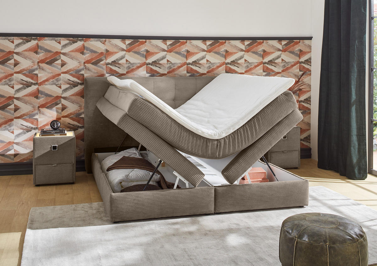BOXSPRINGBETT 180x200 cm, 7-Zonen-Tonnentaschen-Federkernmatratzen H3, Topper, Bonell-Federkern, 2 Bettkästen, Cord Braun Taupe / 20040 - Schwarz/Braun, Kunststoff/Textil (180/200cm) - luma-home