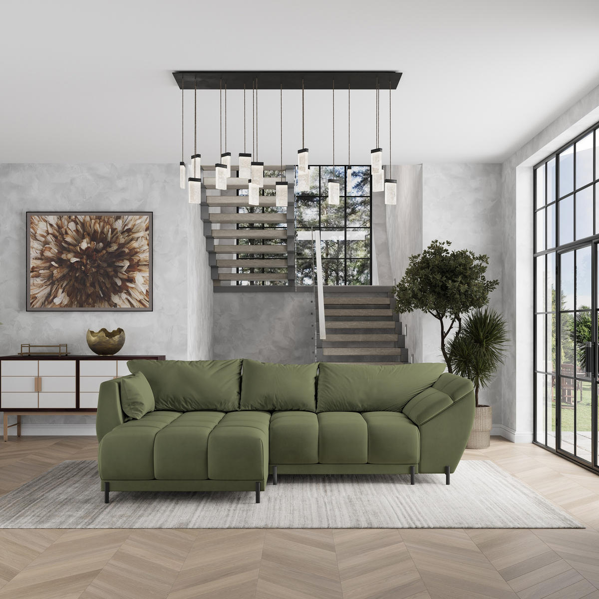 ECKSOFA VESTANO L-S Grün Velours-Stoff mit Schlaffunktion - Grün, Holz (287/182cm) - MASSENO