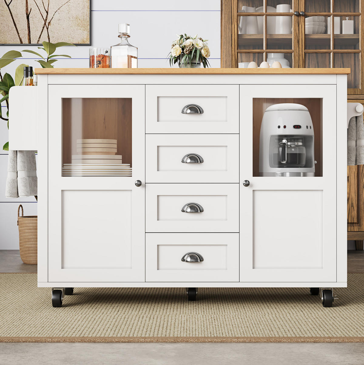 KÜCHENINSEL 137,9/73/92,5 cm weiß aus MDF und Metall mit Klapptisch - Weiß, Holzwerkstoff (137.9/92.5/73cm) - OKWISH