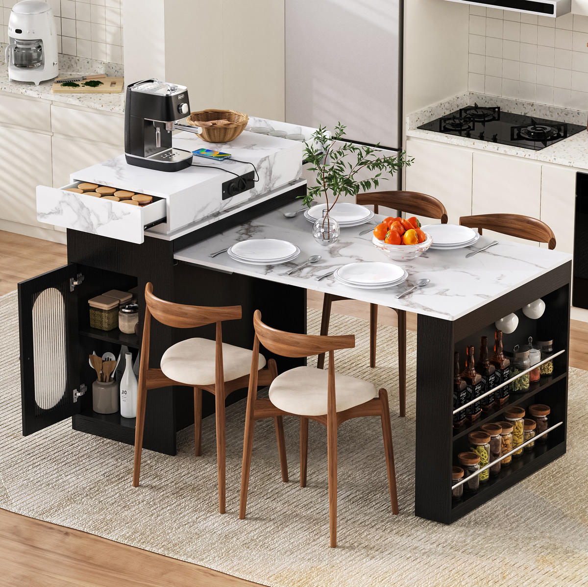 KUCHYŇSKÝ ostrov z MDF a skla 146x83x96 cm černý s rozkládací deskou, zásuvkou, policemi a vestavěnými zásuvkami - černá, kompozitní dřevo (146.5/96/83cm) - Modfu