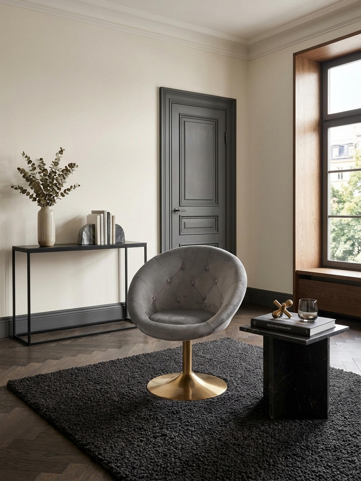 LOUNGESESSEL Chesterfield-Stil mit Samtbezug und 360° Drehfunktion, Grau 67x62x100 cm - Goldfarben/Grau, Textil/Metall (67/100/62cm) - KADIMA DESIGN