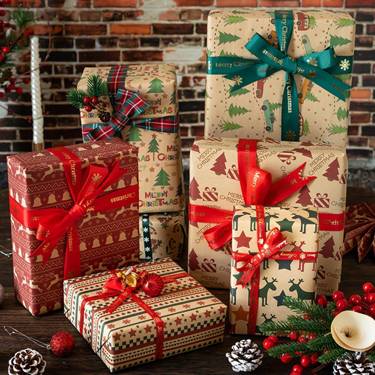 GESCHENKPAPIER Set Weihnachten 8 Blatt 50x70cm Kraftpapier Vintage - Multicolor, Papier (50/0.1/70cm)