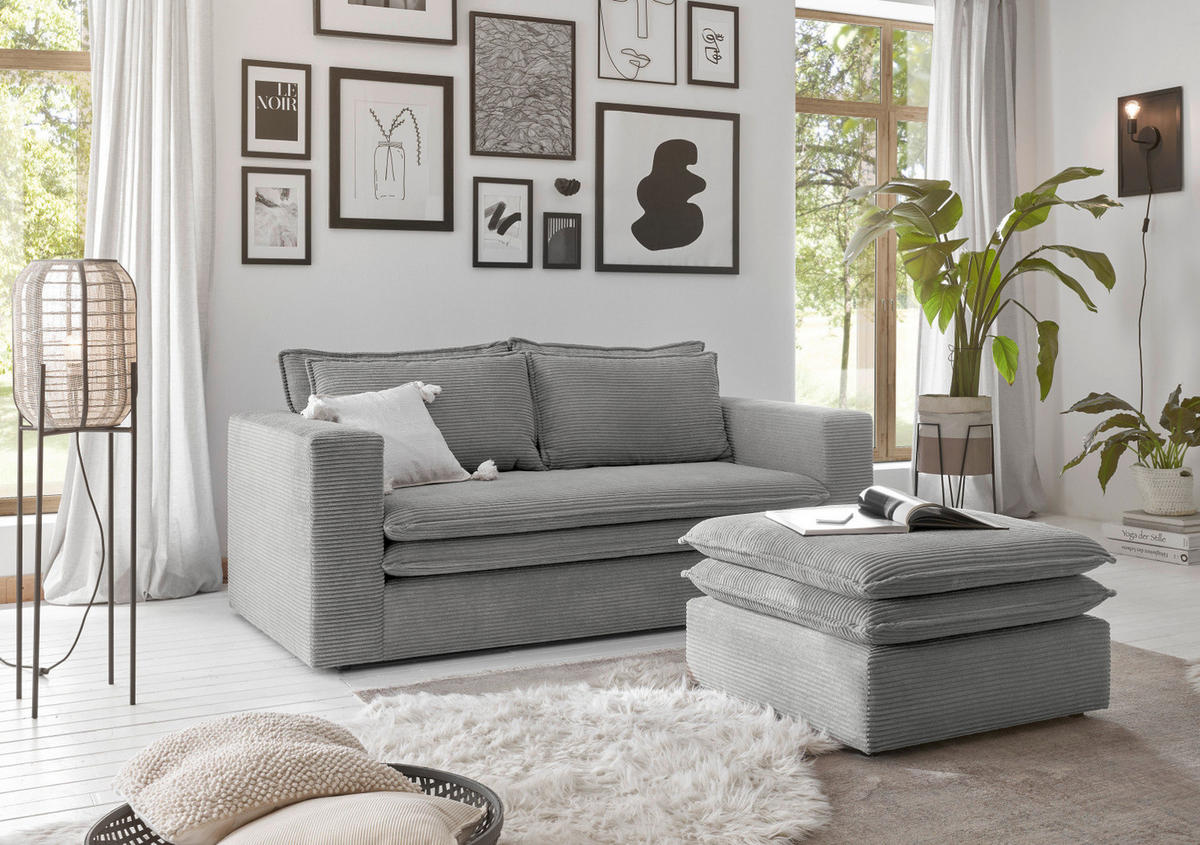 SOFA-SET hellgrau Cord, Couch 2-Sitzer inklusive Hocker - Beige/Hellgrau, Holz/Textil (180/83/161cm) - Furn.Design