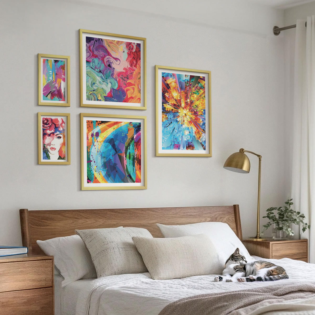 BILDER SET 5er Set - 50x50 cm & 20x30 cm & 40x60 cm Goldrahmen - Minimalistische Boho-Illustrationen - Goldfarben, Kunststoff (40/60cm) - TULUP