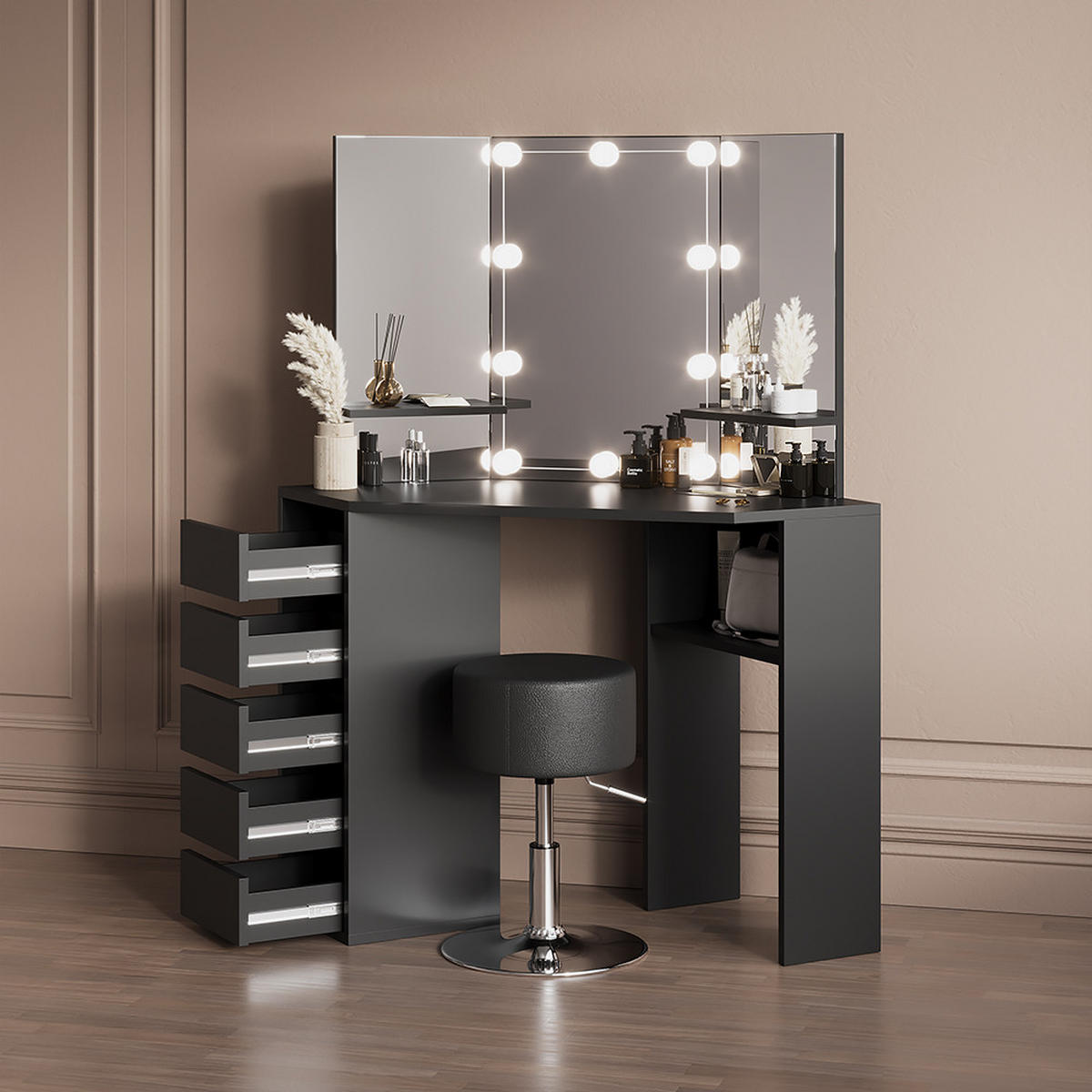 ECKSCHMINKTISCH Enna Schwarz 110 cm mit LED Beleuchtung und Hocker - Schwarz, Holzwerkstoff (110/141.5/54cm) - Livinity®