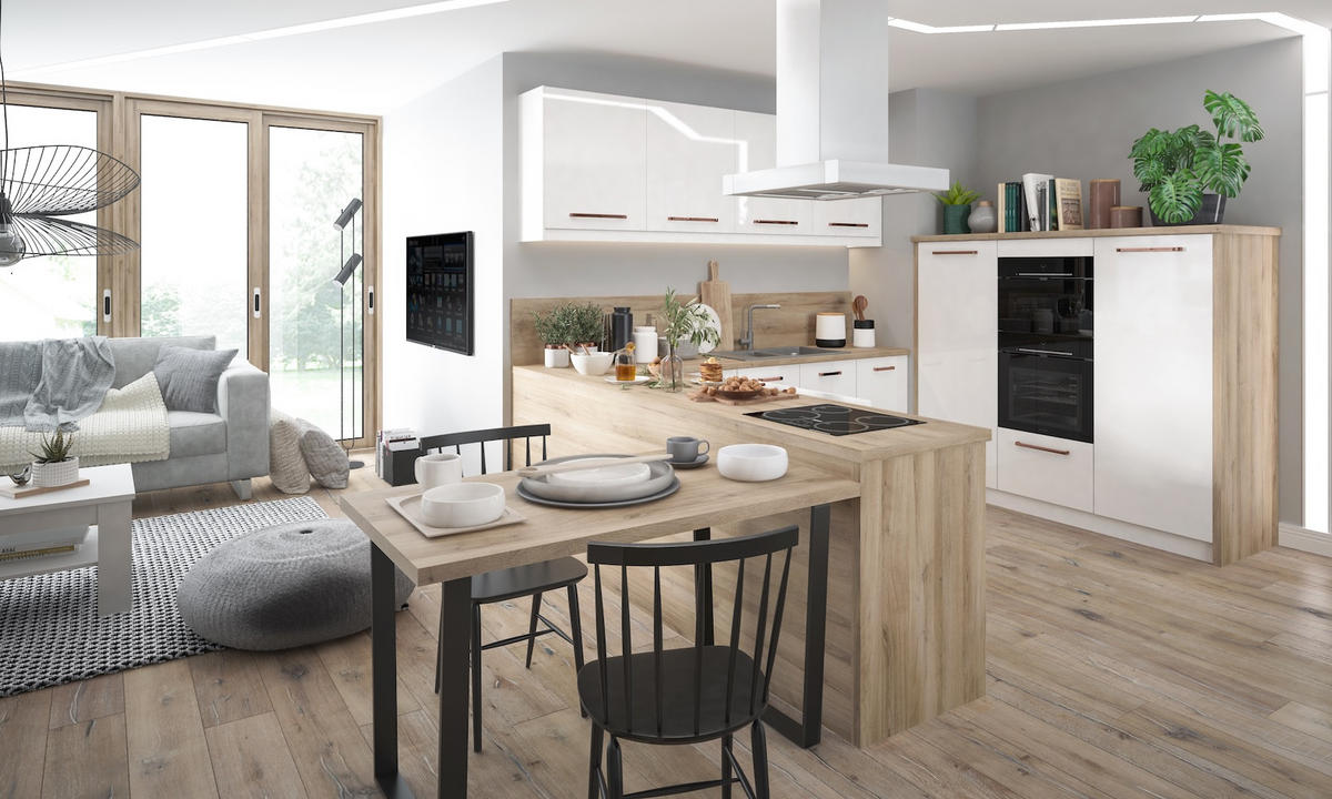 WINKELKÜCHE Essen weiß matt / weiß Hochglanz, Abschlussrahmen weiß matt / Grey Craft Oak 13-teilig - Weiß/Braun, Holzwerkstoff/Metall (250/207/289cm) - Feldmann-Wohnen