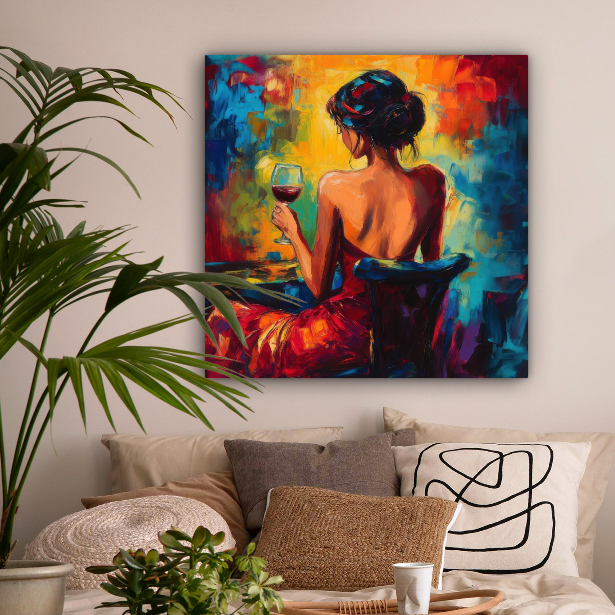 LEINWANDBILD Wein - Frau - Stimmungsvoll - Farbenfroh 90x90 cm - Bordeaux, Textil (90/90cm) - MuchoWow