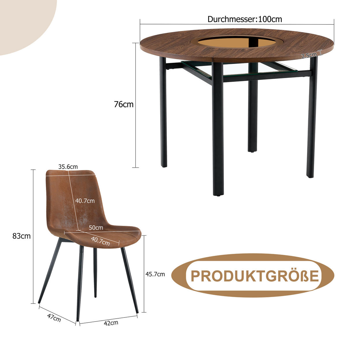 ESSGRUPPE DE-39352 5-teilig, rund mit 4 Stühlen Braun - Braun, Metall (100/76/100cm) - ComfortXL