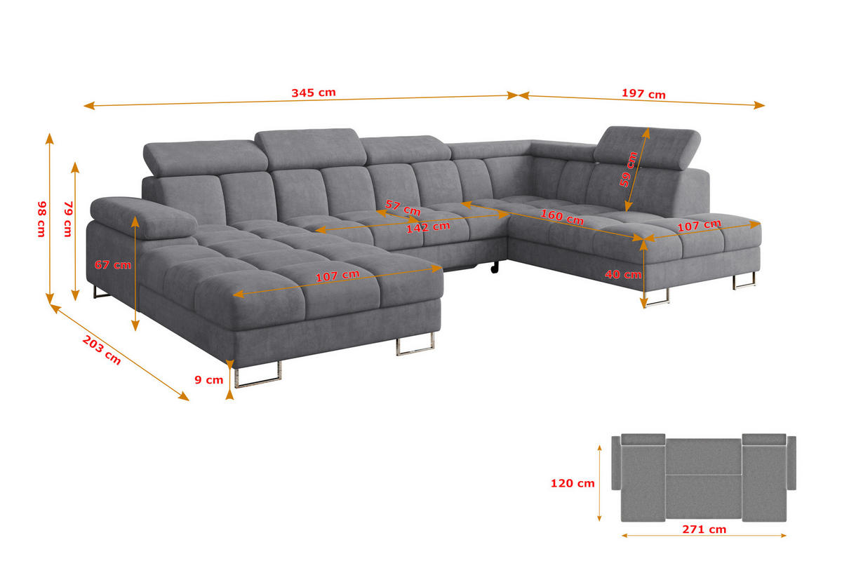 WOHNLANDSCHAFT mit Schlaffunktion und Bettkasten Ottomane RECHTS COMA U 345x203x79 Grau Velours - Grau, Holzwerkstoff/Textil (203/79/345cm) - ALTDECOR