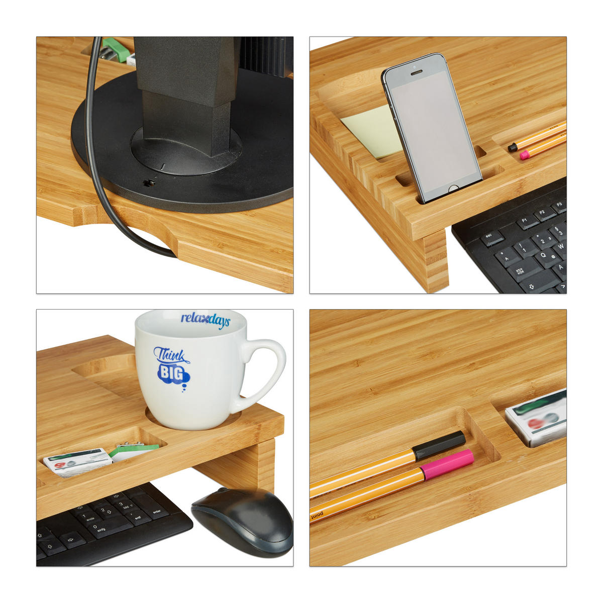 MONITORSTÄNDER Natur Bambus mit 7 Fächern 60x30 cm - Hellbraun, Holz (30/60/9cm) - Relaxdays
