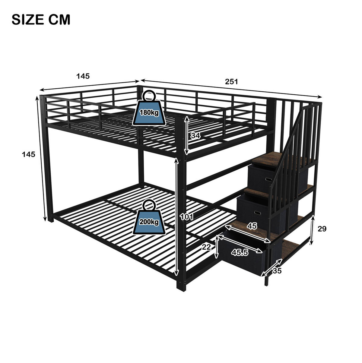 ETAGENBETT aus MDF und Metall 140x200 cm Schwarz mit Stauraumtreppe, LED-Lichtband und USB-Anschlüssen - Schwarz, Holzwerkstoff (140/200cm) - Modfu