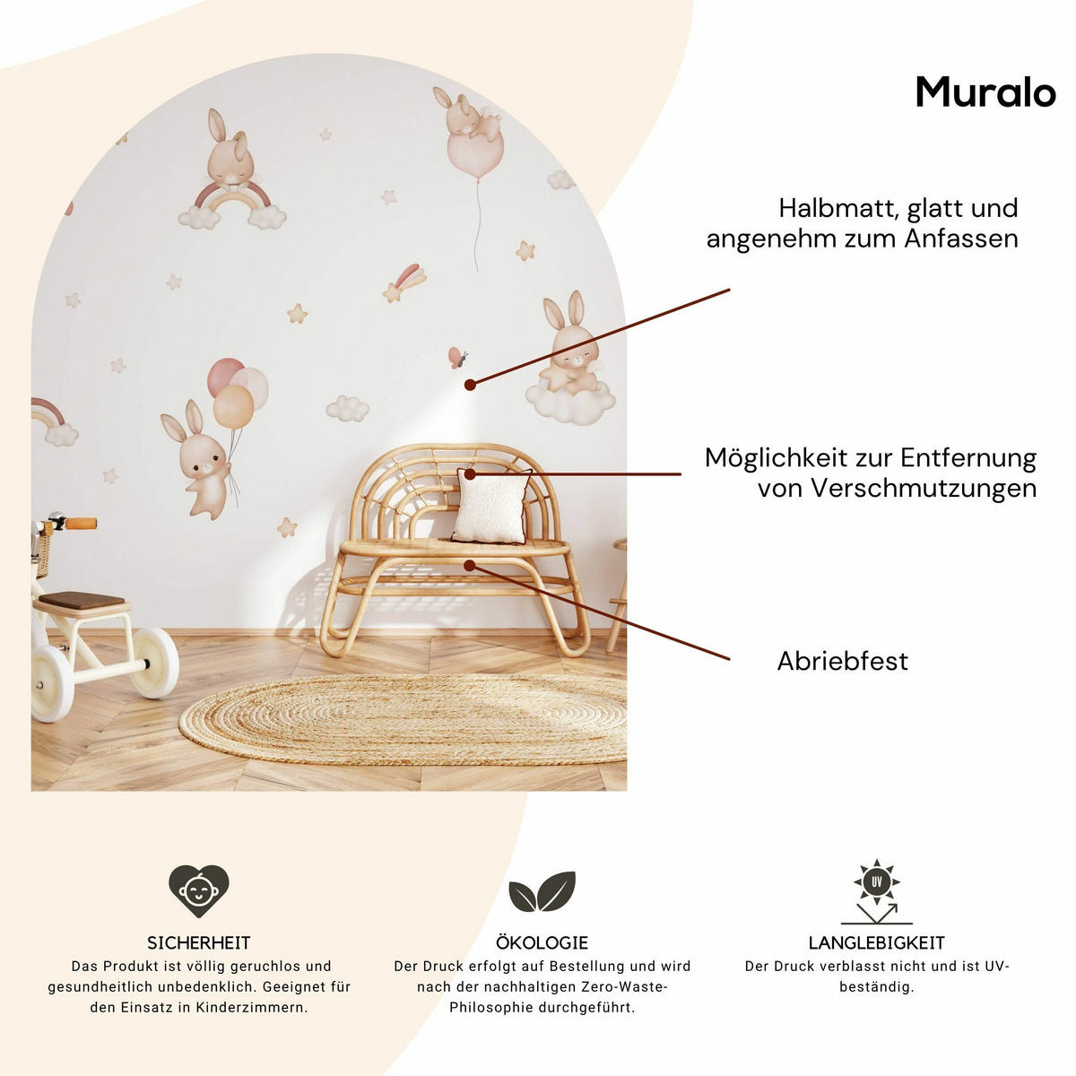 WANDAUFKLEBER SET Kaninchen Sternen Wolken Regenbogen 120x60 - Beige/Rot, Papier (120/60/1cm) - Muralo