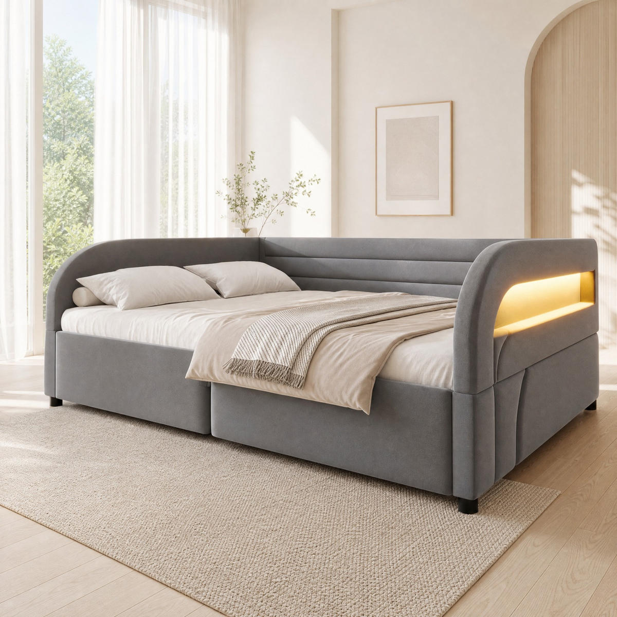 POLSTERBETT 140/200 mit hydraulischem Bettkasten und LED-Beleuchtung in Grau - Grau, Holzwerkstoff/Textil (140/200cm) - EVRYAE
