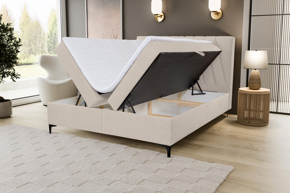 BOXBETT CAPRI mit 2 Bettkästen, Maße: 140x200 cm, Farbe: Beige , Velourstoff, mit Bonell-Matratze inkl. Topper - Beige, Holz/Kunststoff (140/200cm) - VENASI MÖBEL