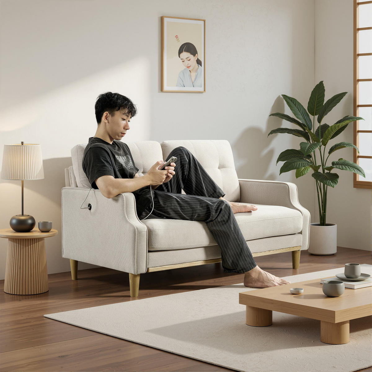 2-SITZER SOFA Polyester Beige mit USB - Beige, Holz/Holzwerkstoff (135/85/72cm) - WISHDOR