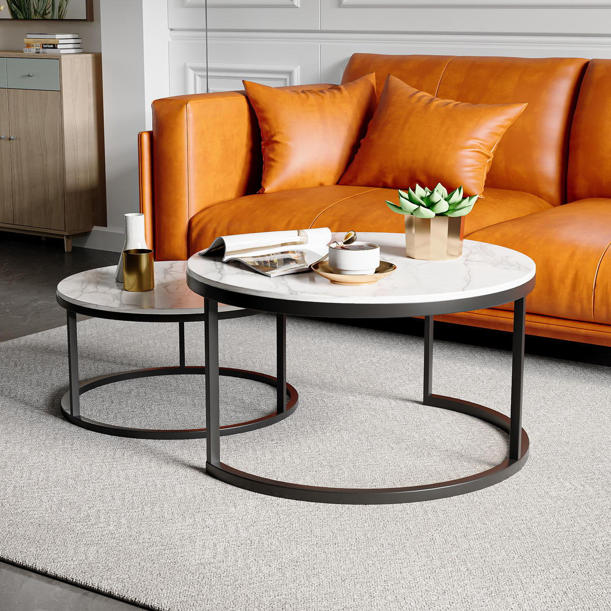 COUCHTISCH-SET Weiß Marmoroptik mit Metallgestell - Schwarz, Metall (80/45/80cm)