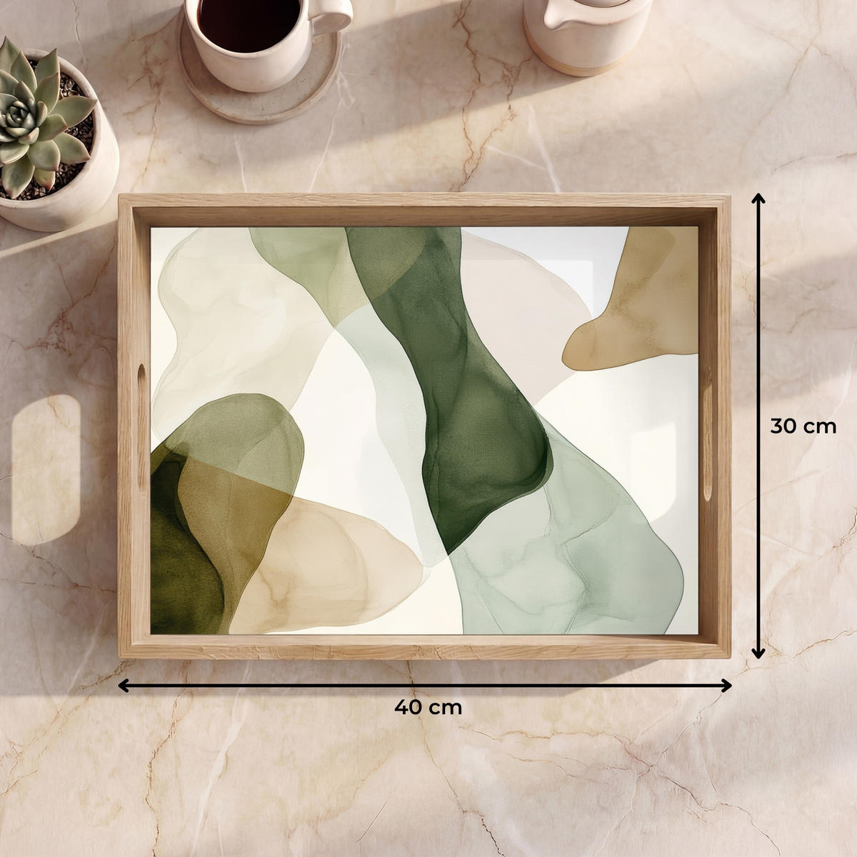 TABLETT - Japandi - Abstrakt - Grün - 40x30 cm - Grün, Holz (40/5/5cm) - OnlyWow