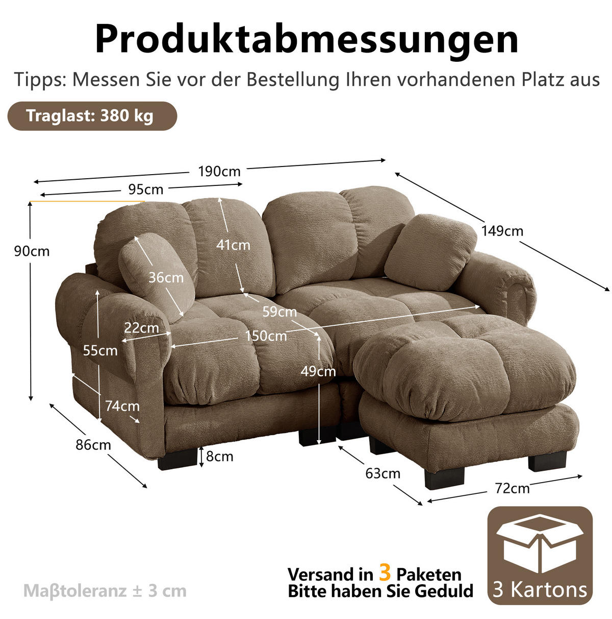 SOFA 190/149/90 cm in Braun aus Chenille mit Steppnaht und Ottomane - Braun, Textil (149/90/190cm) - Flora Grace