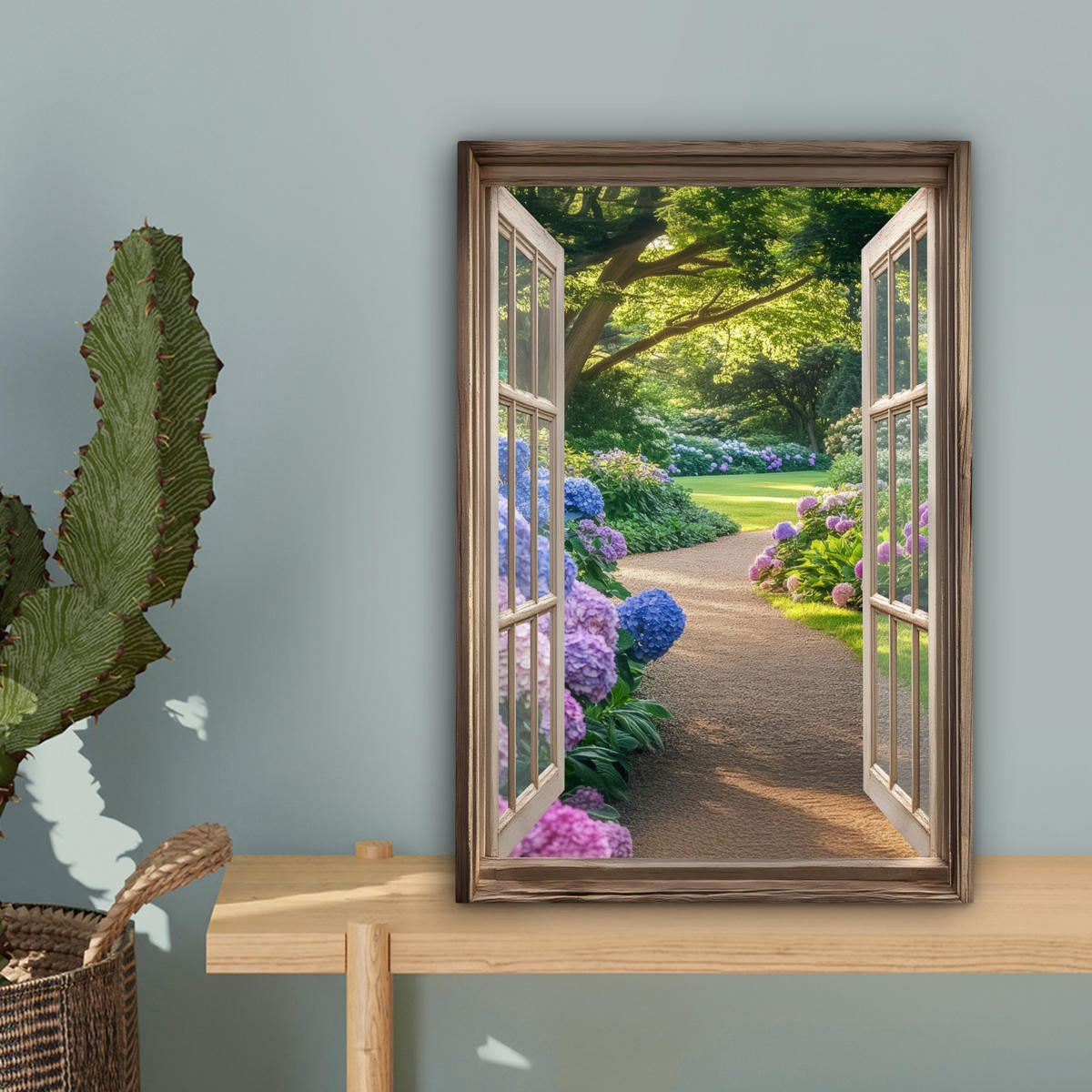 LEINWANDBILD Aussicht - Garten - Fenster - Hortensie - Blumen 20x30 cm - Pastellblau, Textil (20/30cm) - MuchoWow