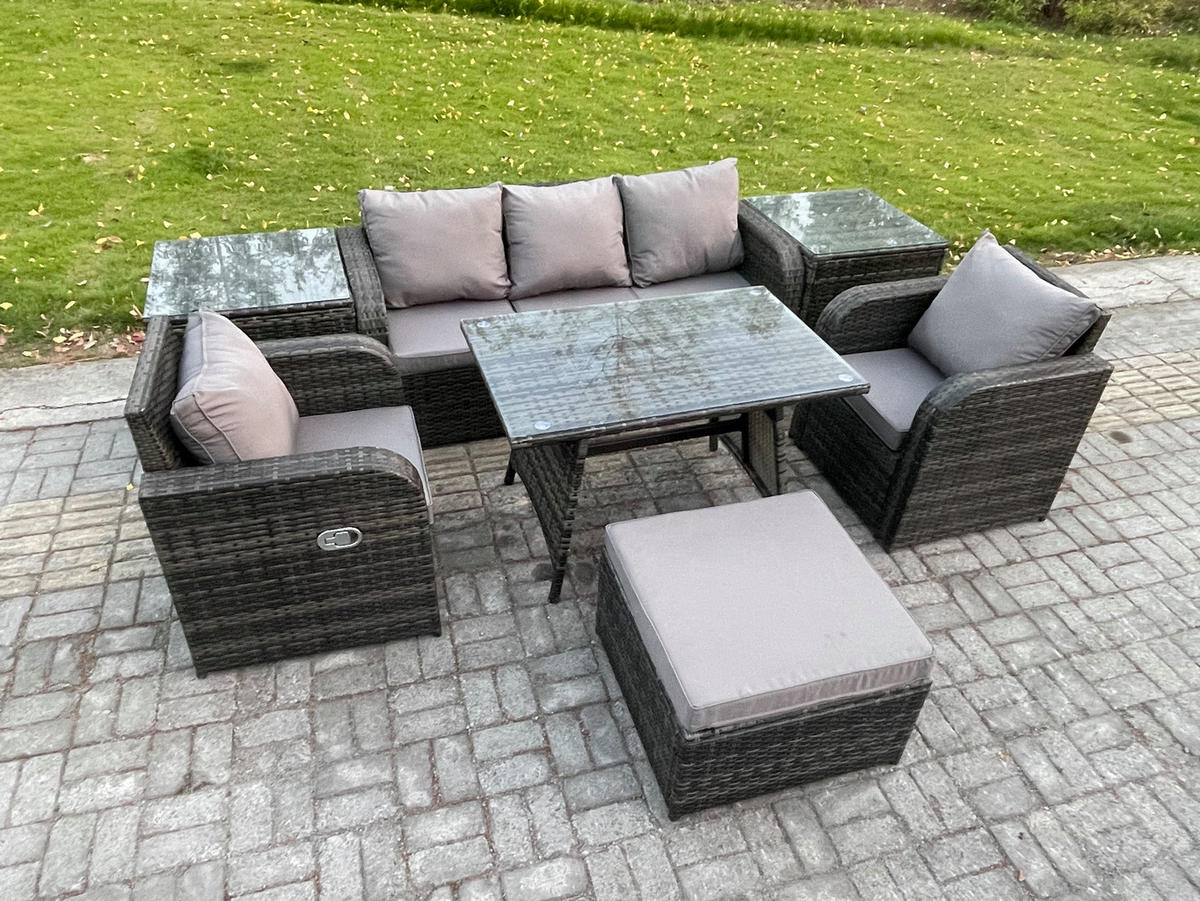 GARTENMÖBEL SET mit COUCHTISCH Polyrattan Dunkelgrau 6-Sitzer - Dunkelgrau/Grau, Glas/Kunststoff - Fimous