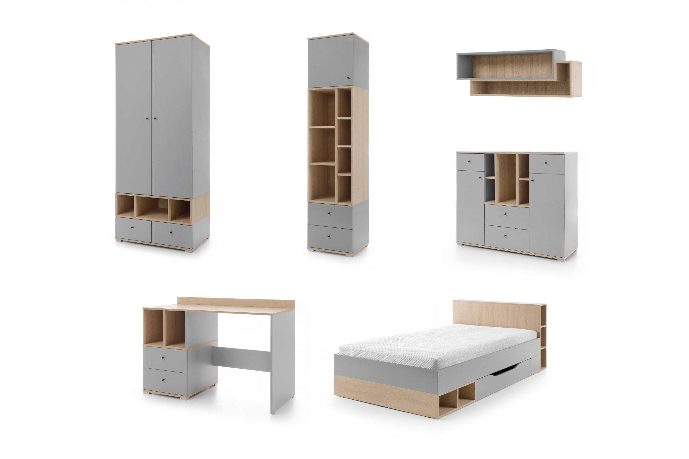 JUGENDZIMMER-SET OLAF 6-teilig in Platin Grau / Biskuit Eiche - Eichefarben/Grau, Holzwerkstoff (489/195/224cm) - Deine Möbel 24