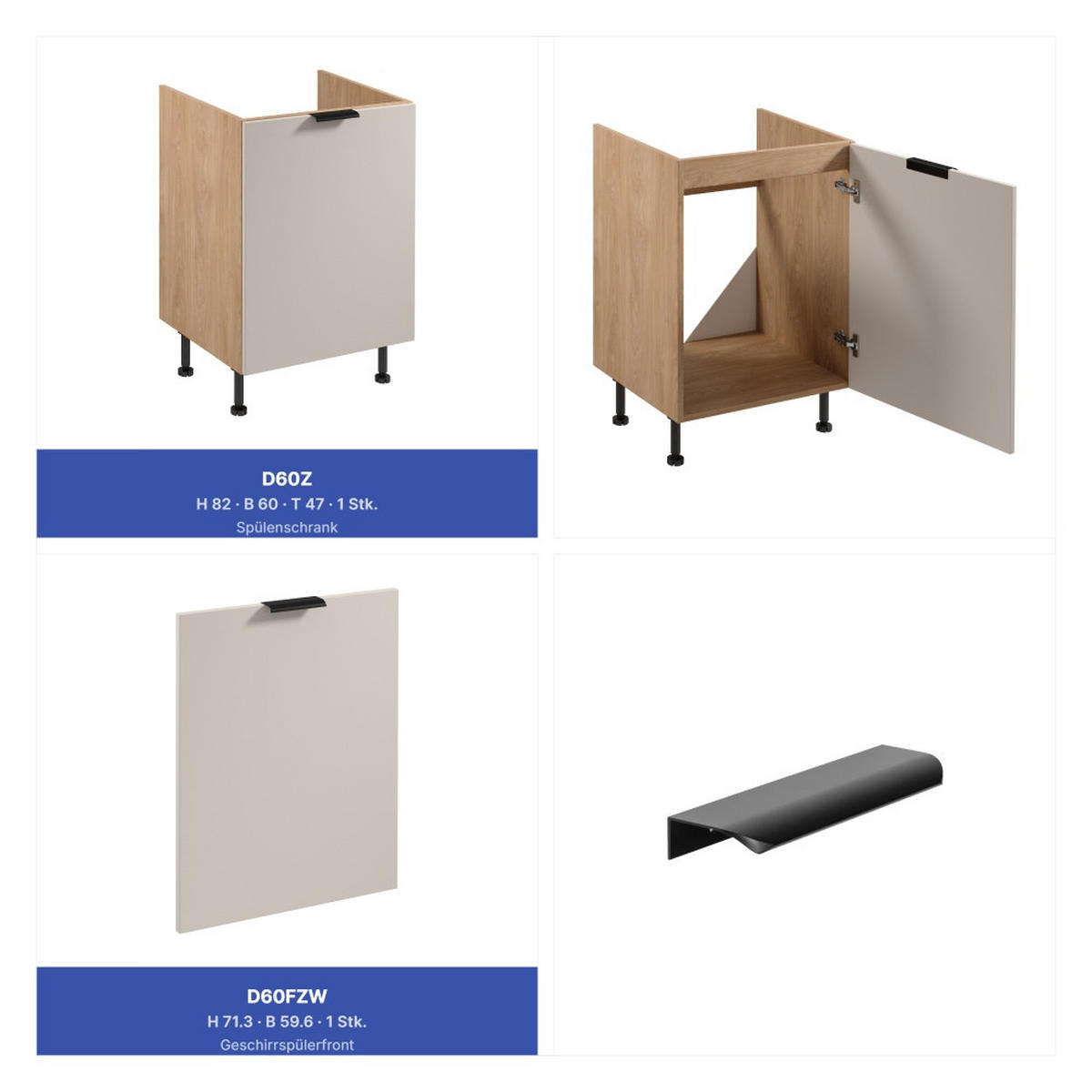 KÜCHENZEILE 300 cm - Sorento KS1-M300 - in Beige/ Sonoma Eiche - Beige/Schwarz, Holz (300/247/58cm)