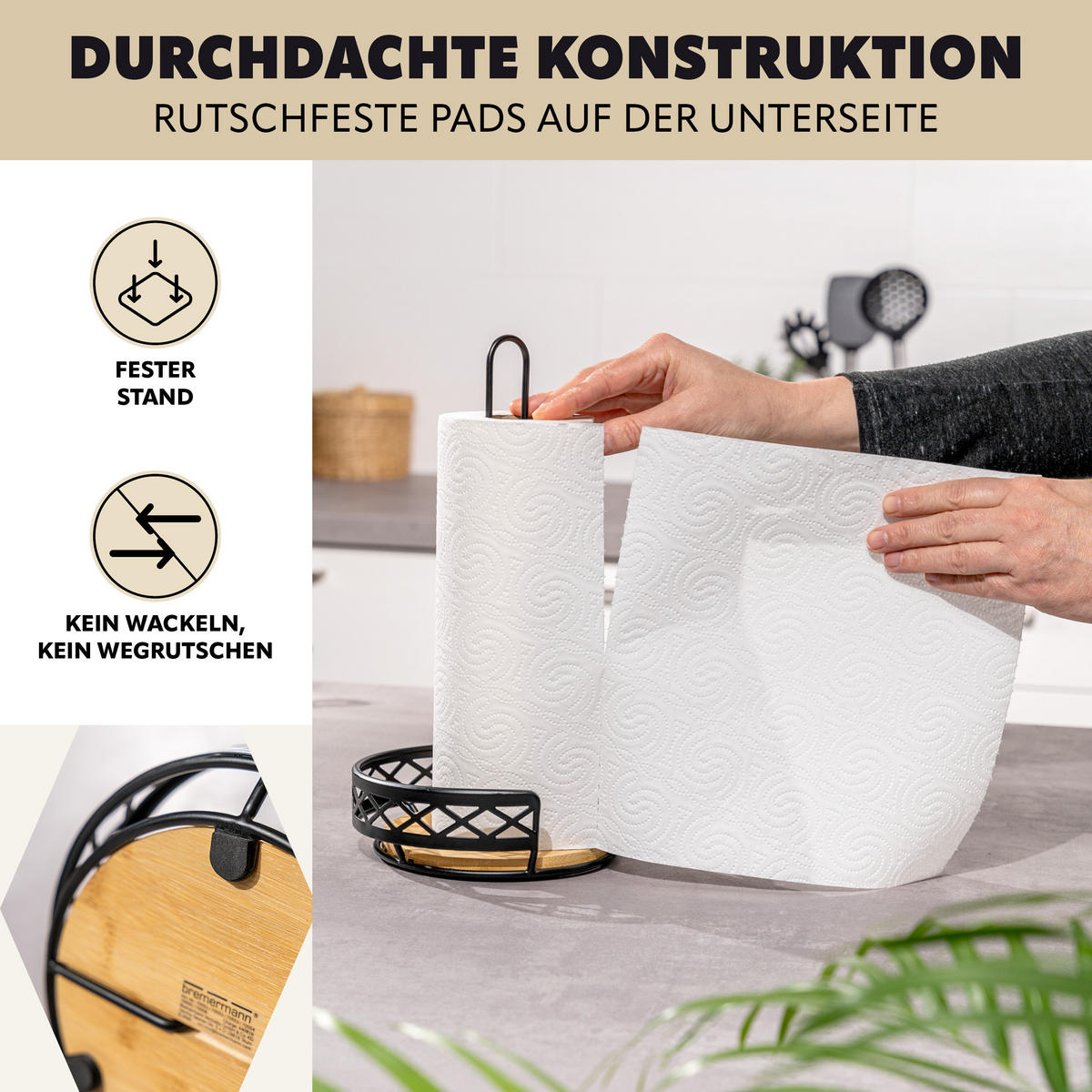 KÜCHENROLLENHALTER Bambus - Schwarz, Metall (32.5/17.5/17.5cm) - bremermann