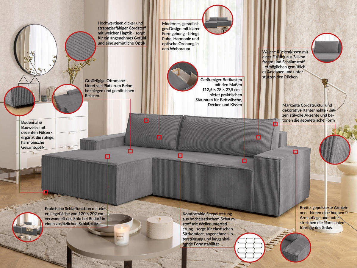 ECKSOFA Rivio mit Schlaffunktion und Bettkasten, Cordstoff Grau - Schwarz/Grau, Holz/Kunststoff (149/262cm) - S-Style