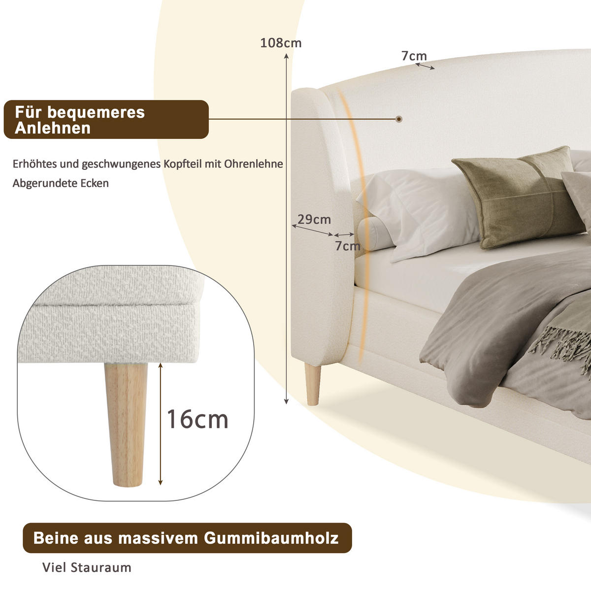 POLSTERBETT 140/190 cm in Weiß Bouclé mit Ohrenkopfteil und Lattenrost - Weiß, Holzwerkstoff/Textil (140/190cm) - CHICFURN