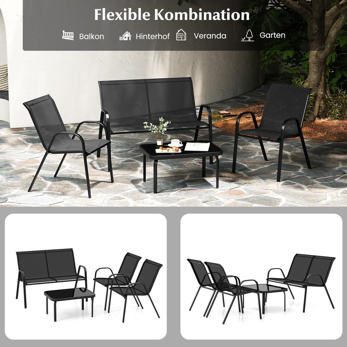 GARTENMÖBEL Set Schwarz(4-teilig) - Schwarz, Metall - COSTWAY
