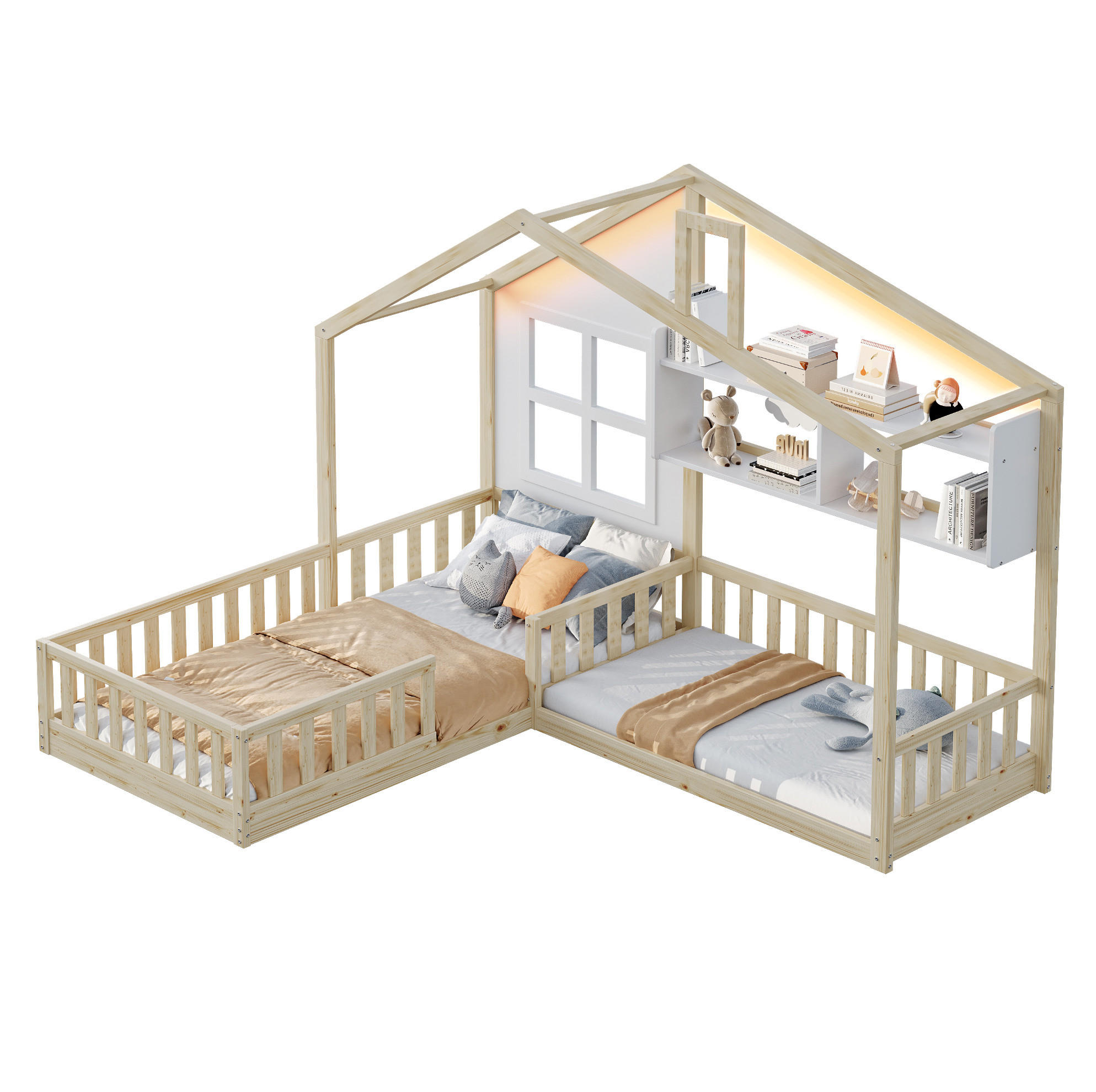 HAUSBETT 90/200 cm in Natur/Weiß aus Massivholz/MDF mit LED und Regalen - Naturfarben, Holz (90/200cm) - OKMYHOME