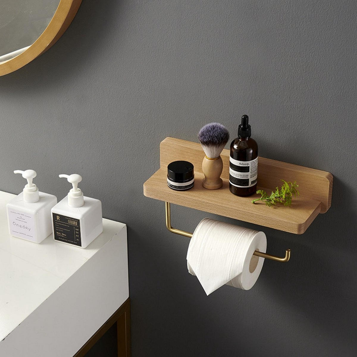 TOILETTENPAPIERHALTER Holz doppellagig 30 x 10 x 6,7 cm mit Ablage Wandmontage Endstücke - Goldfarben/Braun, Holz (6.7/10/30cm) - MCBOSON