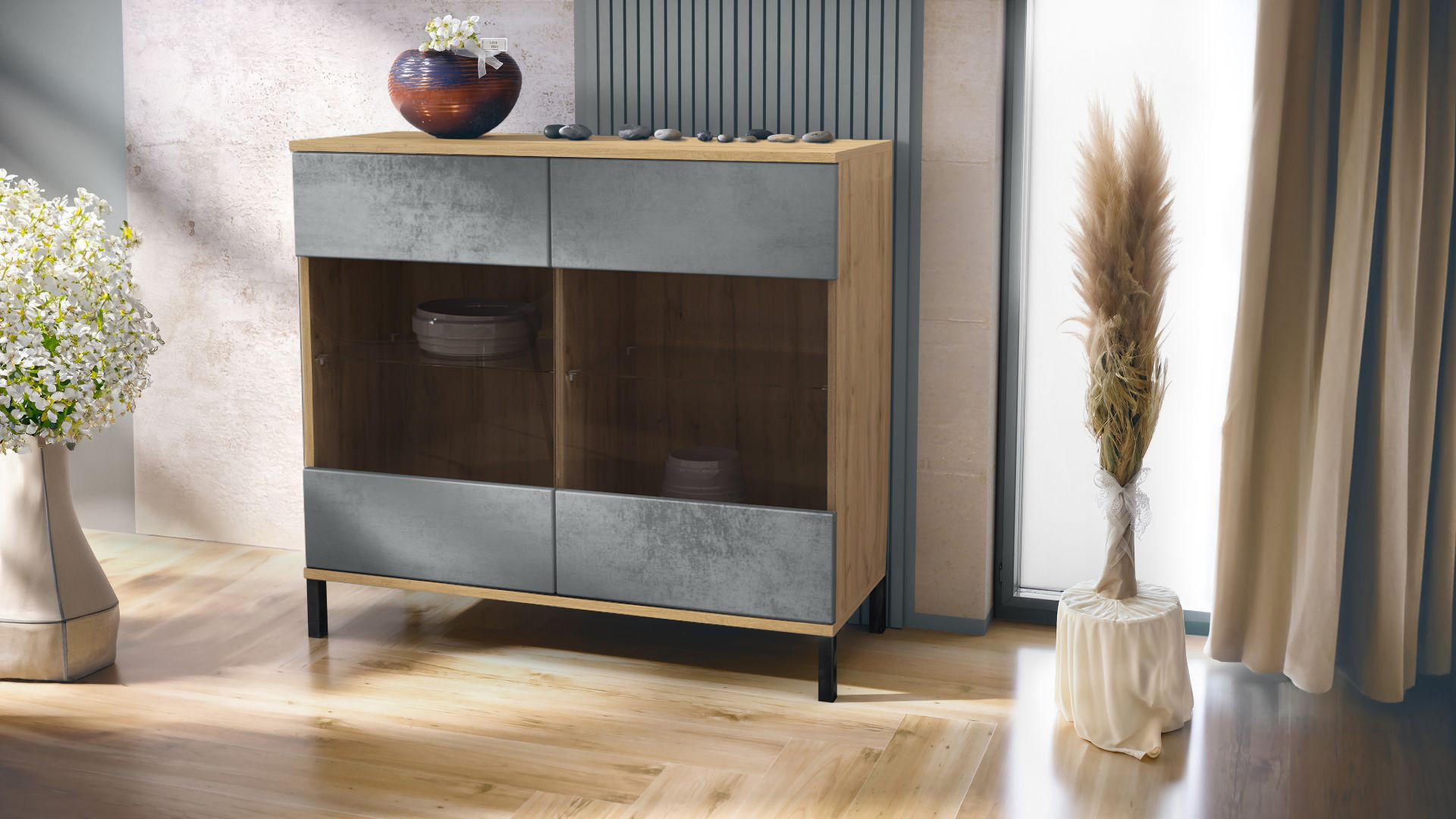 KOMMODE Bari Beton Dunkel Optik - Dunkelgrau, Holzwerkstoff (92.5/83.5/35cm) - Vladon