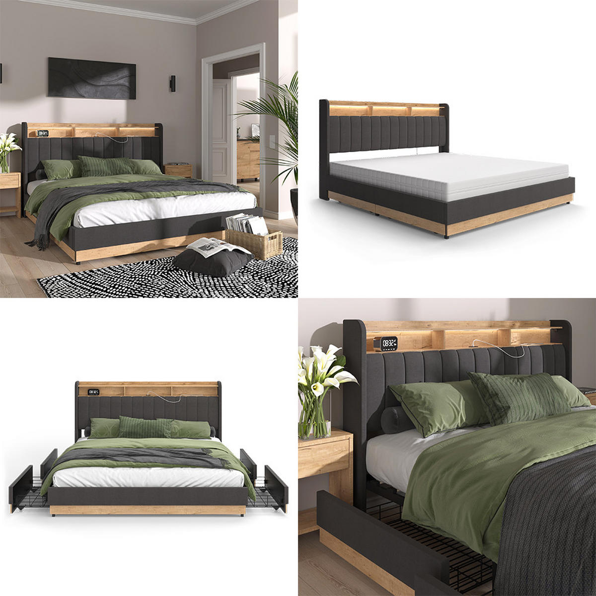 ČALOUNĚNÁ POSTEL Nura Antracit - antracitová/barva dubu, kompozitní dřevo - VitaliSpa