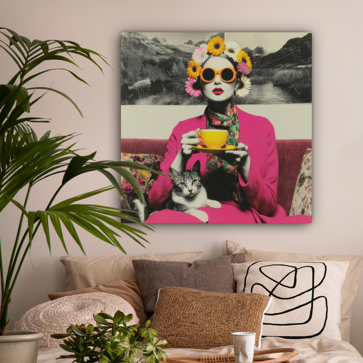 LEINWANDBILD Frau - Katze - Blumen - Tasse - Retro Deko Groß 90x90 cm - Magenta, Textil (90/90cm) - MuchoWow