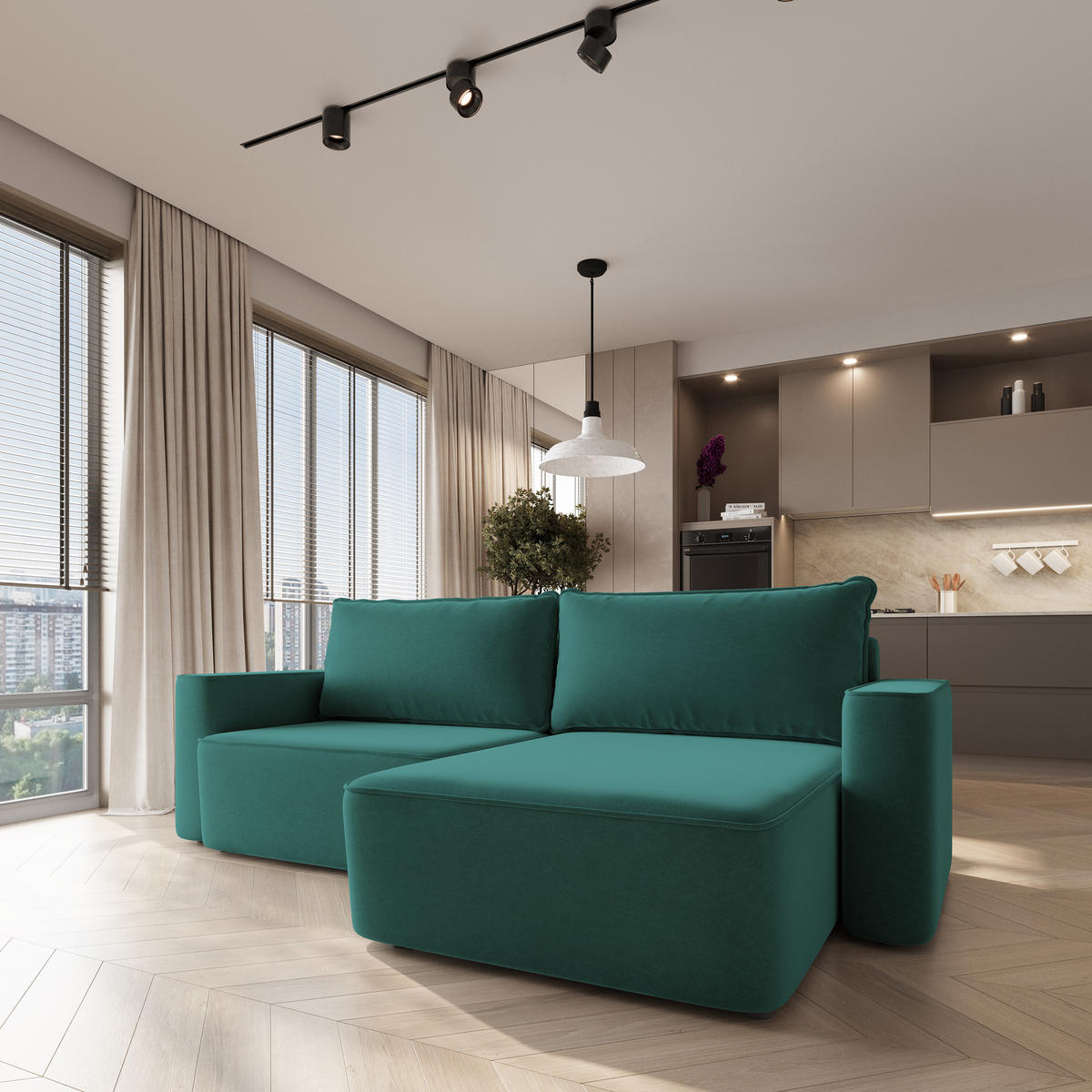 ECKSOFA BELISE CL Blau Veloursstoff mit Schlaffunktion - Türkis, Holz/Textil (252/162cm) - MASSENO