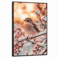 LEINWAND Bilder mit Rahmen - Vogel - Zweig - Winter - Tiere - Schnee - 60x90 - Bernsteinfarben, Textil (60/90cm) - MuchoWow