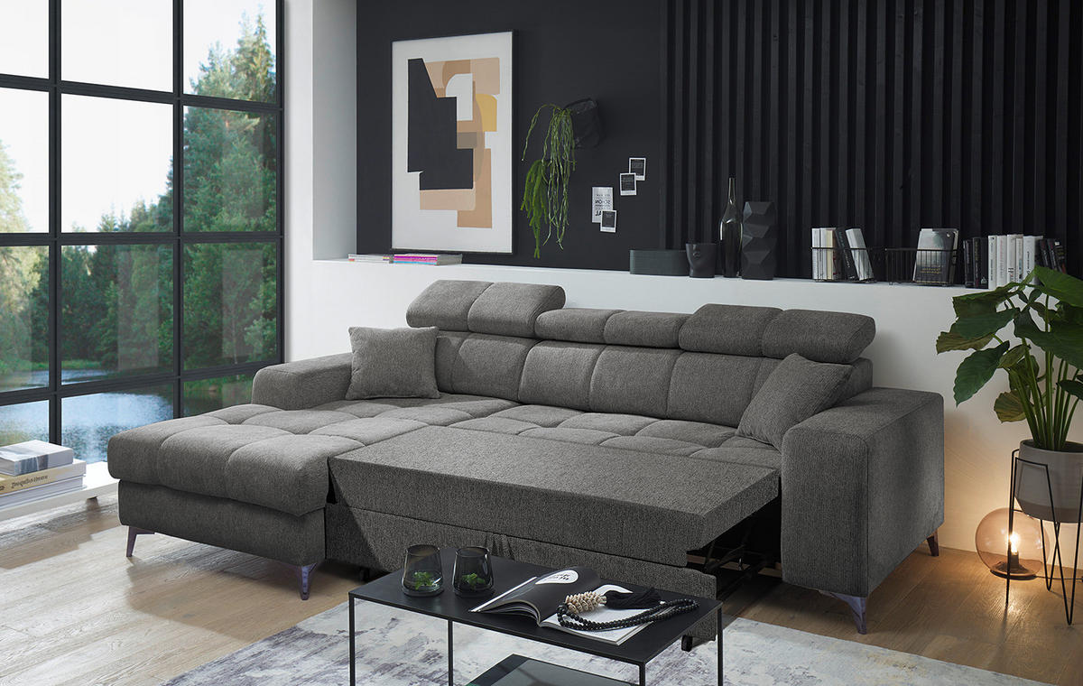 ECKSOFA mit Longchair - Kopfstütze verstellbar, Schlaffunktion, Bettkasten - Anthrazit/Schwarz, Kunststoff/Textil (268/172cm) - home24