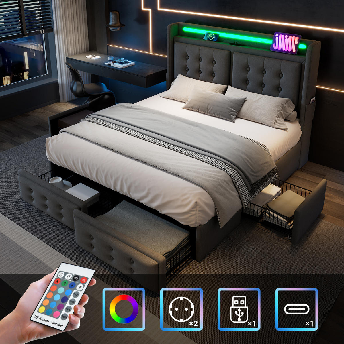 ČALÚNENÁ posteľ 148/220/106 cm sivá, čalúnená s LED a USB-C, so 4 zásuvkami - sivá, textil (140/200cm) - BEAOK