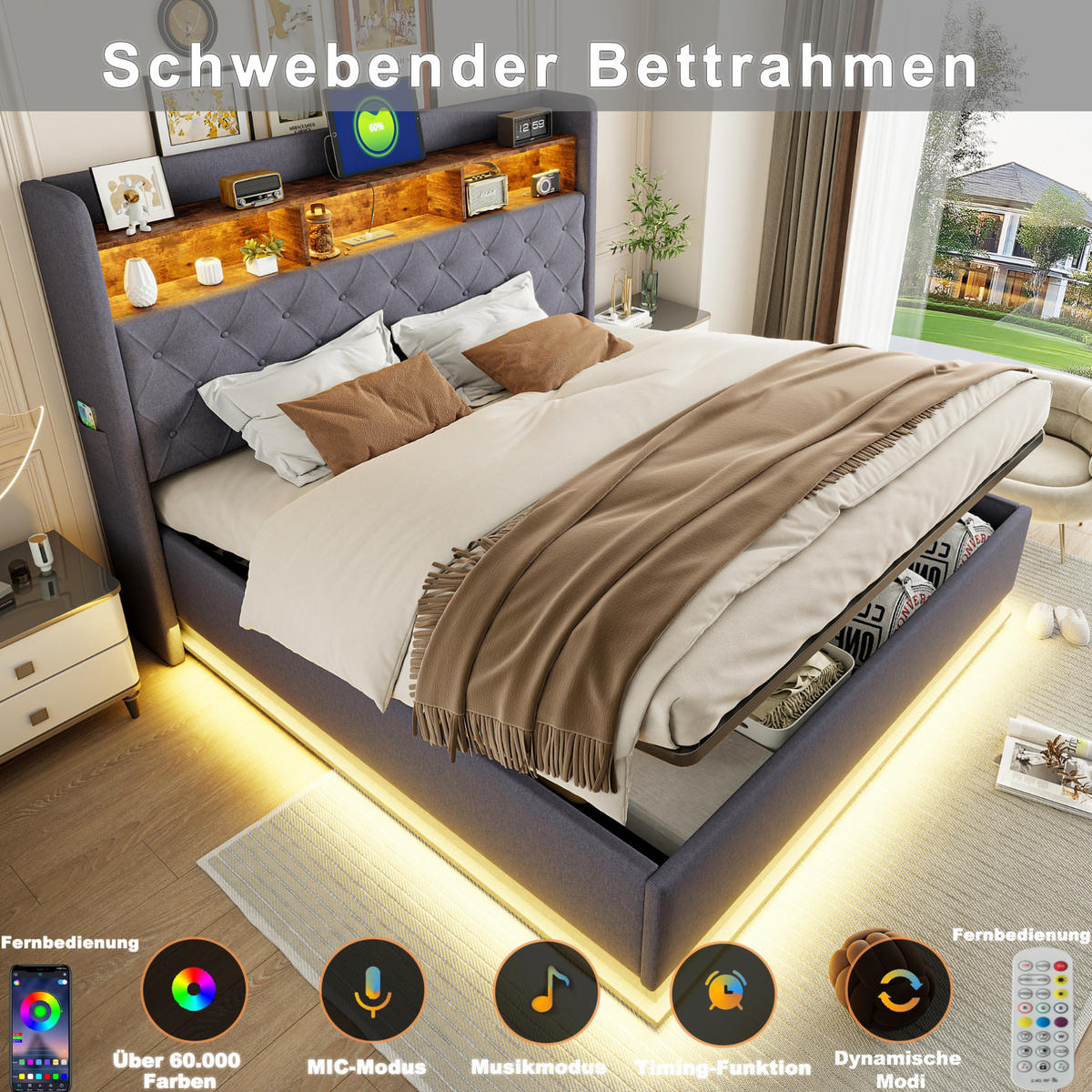 POLSTERBETT mit LED und Stauraum 180x200 cm Grau - Grau, Metall (180/200cm) - Meubliv