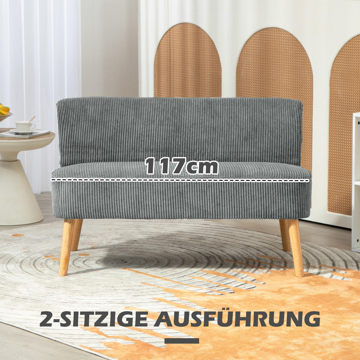 2 Sitzer Sofa, Gepolsterte Couch mit Kordoptik, Holzbeine für Wohnzimmer, Grau - Naturfarben/Grau, Holz/Textil (56.5/77/117cm) - HOMCOM