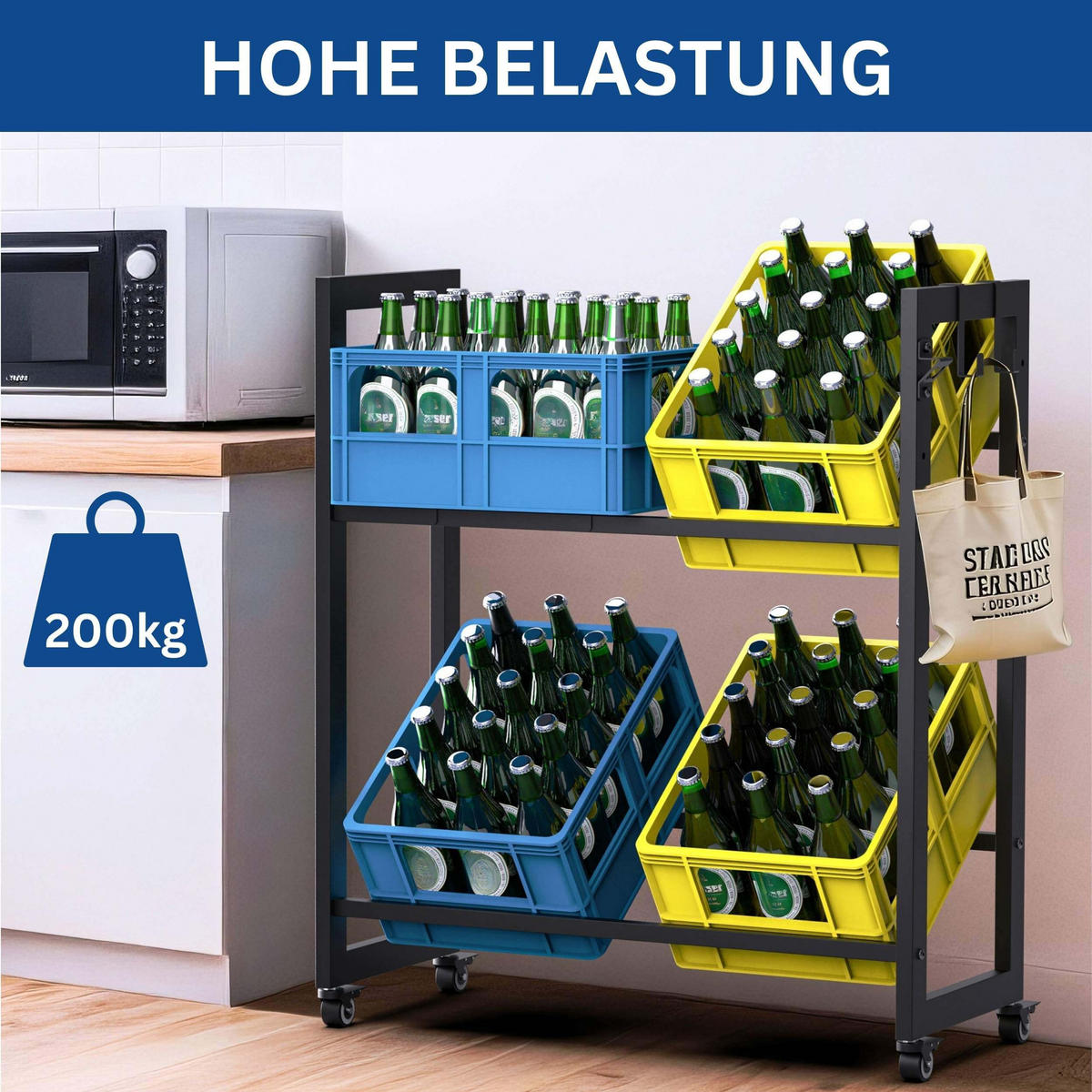 GETRÄNKEKISTENREGAL 4 Kisten mit Gitter Haken Rollen Metall Schwarz 96650 - Schwarz, Metall (72/89/32cm) - DanDiBo