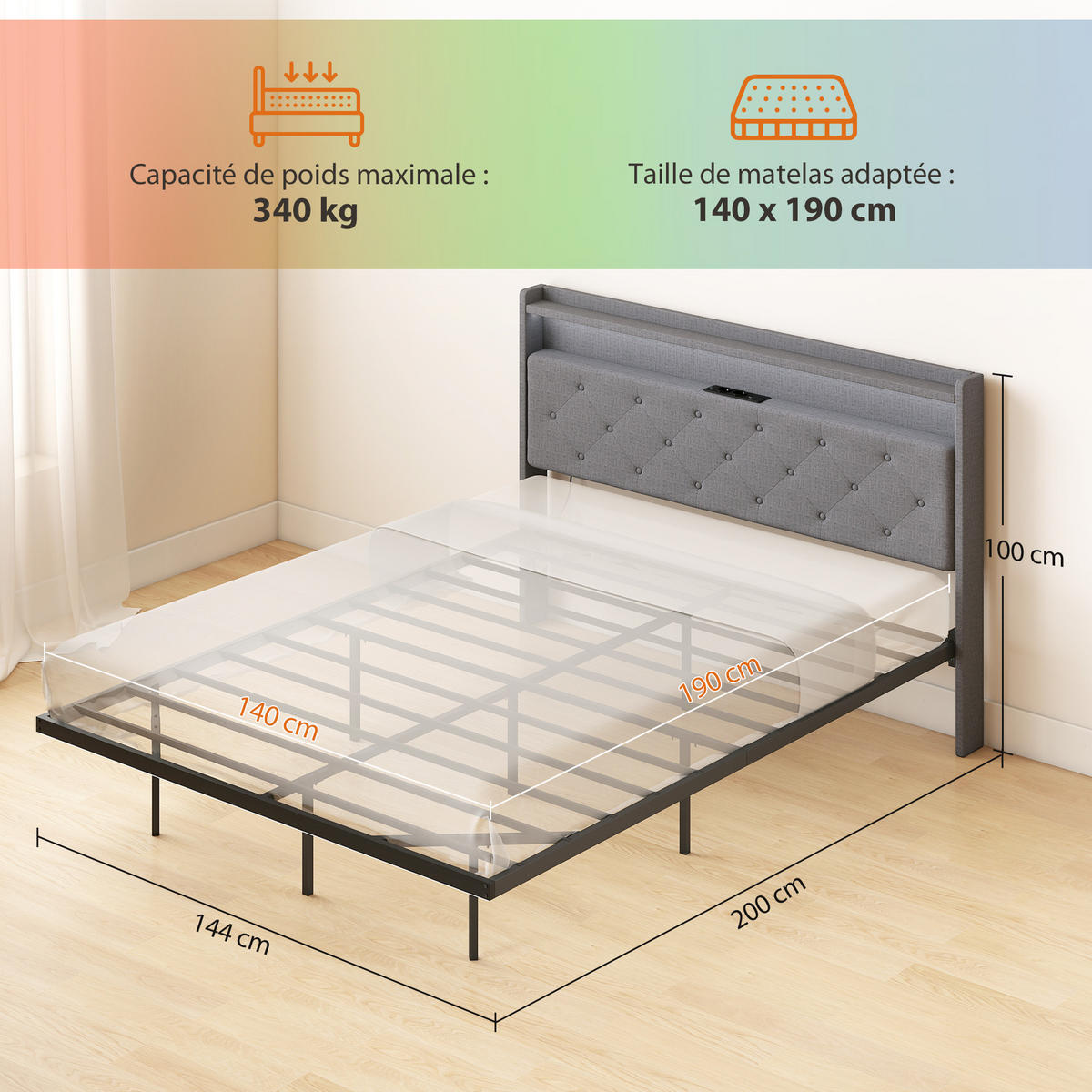 BETT 140x190 cm DE-14674 fliegend mit LED & Ladestation Grau - Grau, Metall (140/190cm) - ComfortXL