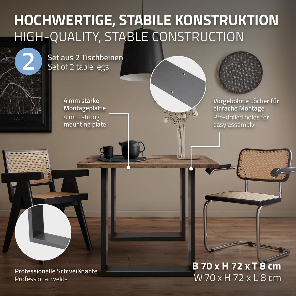 TISCHBEINE 2er Set 70 x 72 cm Anthrazit - Dunkelgrau, Metall (70/8/72cm) - ECD-Germany