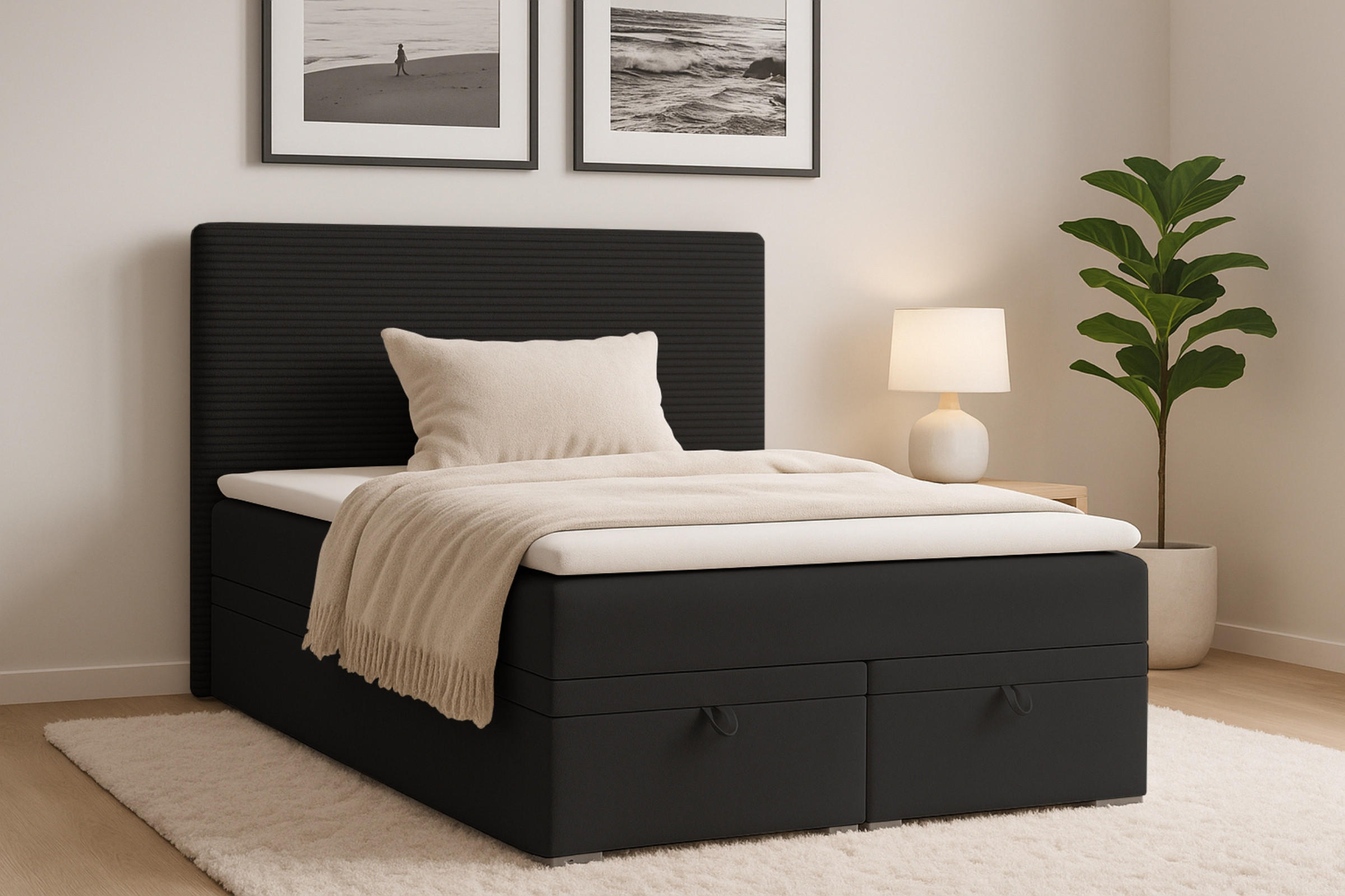 BOXBETT DARO 200/200 in Velour/Cord Schwarz - Schwarz, Holz/Holzwerkstoff (200/200cm) - Deine Möbel 24