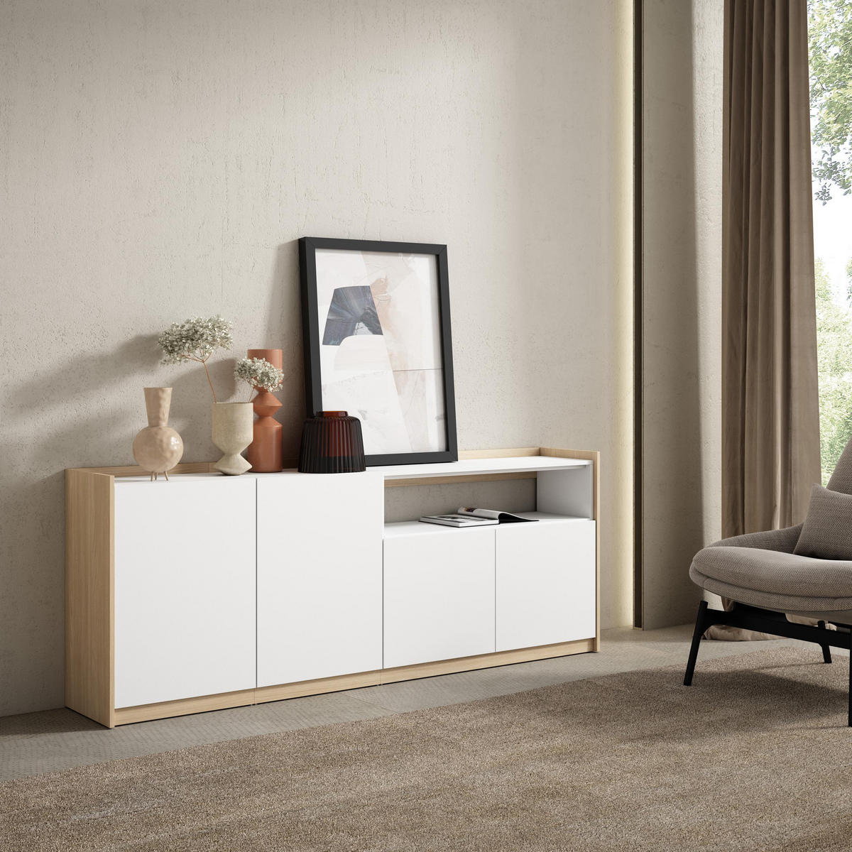 SIDEBOARD, Highboard, Weiß und Eiche Soft, 207/37/80cm - Weiß, Holzwerkstoff (207/80/37cm) - Skraut Home