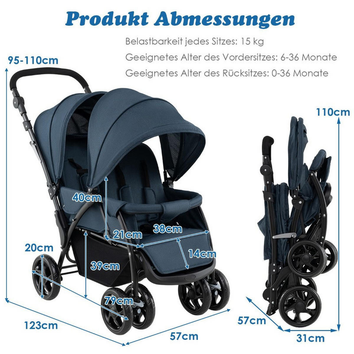 GESCHWISTERWAGEN klappbar blau - Blau, Metall (57/123/95cm) - COSTWAY