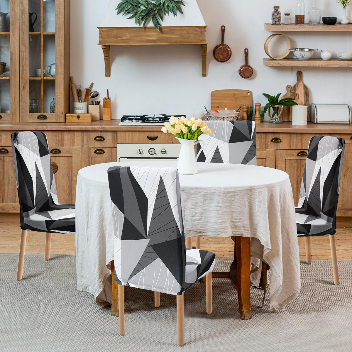 STUHLHUSSE Groß Stretch Waschbar(4-tlg. Set) - Schwarz/Weiß, Textil (16/18cm) - Kaket